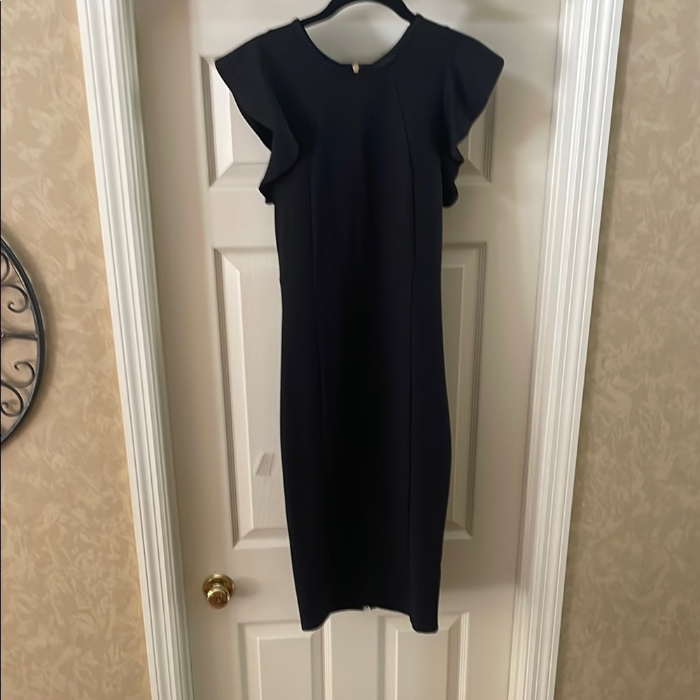 Felicity & Coco Black Sheath Midi Dress with Flutter Cap l